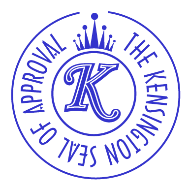 A blue seal with the letter k in it. Kensington nanny services include long-term placement, short-term booking, and daily babysitting.
