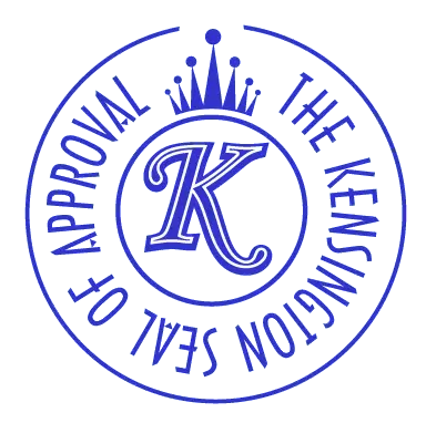 A blue seal with the letter k in it. Kensington nanny services include long-term placement, short-term booking, and daily babysitting.