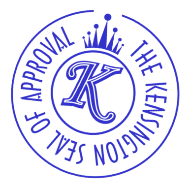 Kensington Nanny Seal of Approval. This blue seal has the letter k in the center. Kensington is a local nanny agency in South Florida.