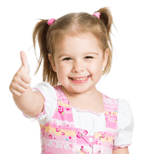 A smiling girl wearing a cute pink dress is showing a thumbs up to her nanny.