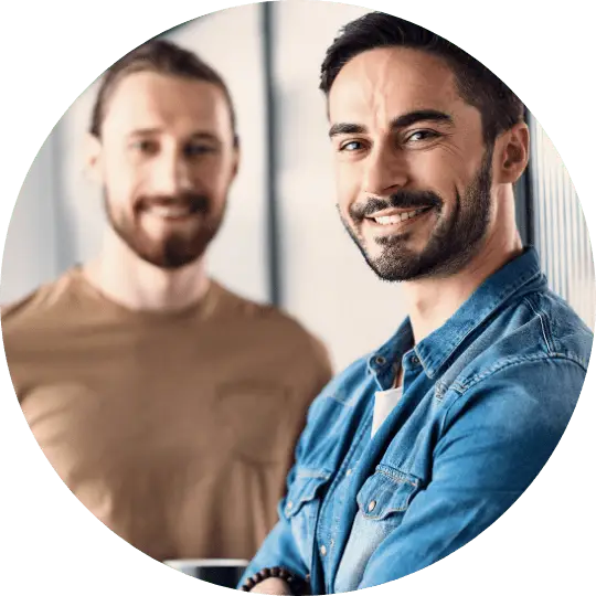 2 men looking at the camera after just giving Kensington Nanny a great nanny agency review.