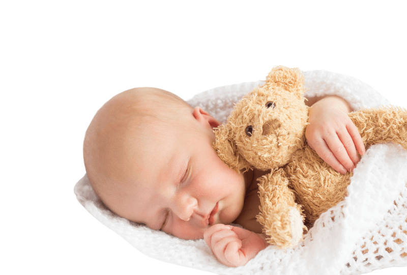 newborn baby has just been put down by a newborn care specialist and is now cuddling with a teddy bear.