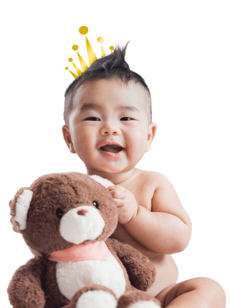 Happy baby holding teddy bear, family needs to hire nanny agency palm beach